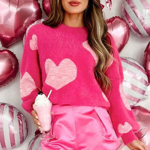 Rose Red Casual Women's Valentine's Day Heart Pattern Fuzzy Long Sleeve Sweater